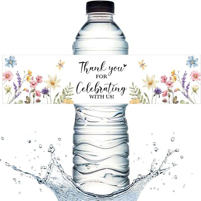 100PCS Wedding Water Bottle Labels Waterproof Greenery Floral Wraps Sticker for Water Bottle Baby Shower Bottle Label for Bridal Shower Party Thanks（Wildflowers）