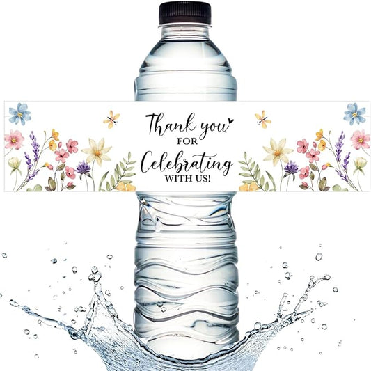 100PCS Wedding Water Bottle Labels Waterproof Greenery Floral Wraps Sticker for Water Bottle Baby Shower Bottle Label for Bridal Shower Party Thanks（Wildflowers）