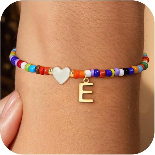 Colorful Initial Bracelets for Women Girls - Cute Beaded Heart Initial Bracelet Teen Girl Gifts Trendy Stuff, Bohemian Gold Charm Bracelet Personalized Gifts for Women Girls Jewelry