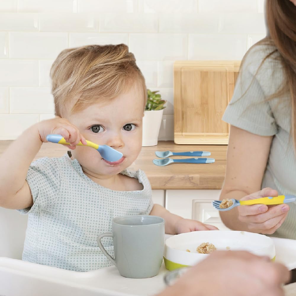 Baby Utensils Spoons and Forks Set Bendable Self-Feeding Silverware for Toddler Children with Travel Case Gum Friendly Food Grade (Yellow+Green, 2 Set)