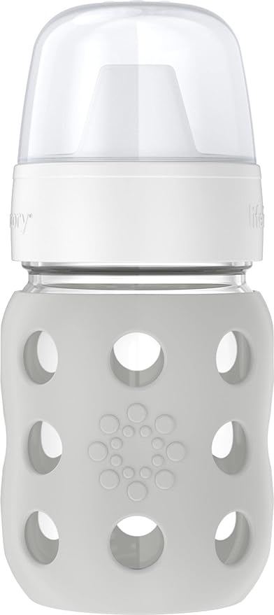 Lifefactory 8-Ounce Wide Neck Glass Baby Bottle with Protective Silicone Sleeve and Hard Sippy Spout, Stone Gray (LG2221WCG4)