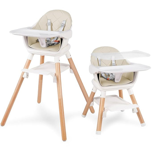 6 in 1 Baby High Chair, Convertible Wooden High Chairs/Booster Seat for Babies and Toddlers, Baby Feeding Chair with 5-Point Harness/Double Removable Tray & Adjustable Footrest (Beige)