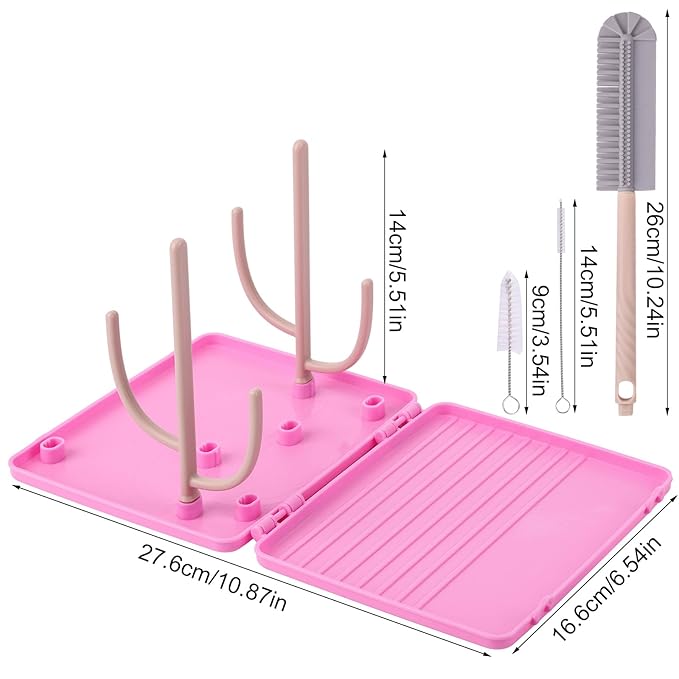 Baby Bottle Drying Rack -Travel Baby Bottle Drying Rack Set, Cleaner Kit with Silicone Bottle Brush,Straw Brush, Suitable for Home use or Traveling with Babies (Pink)