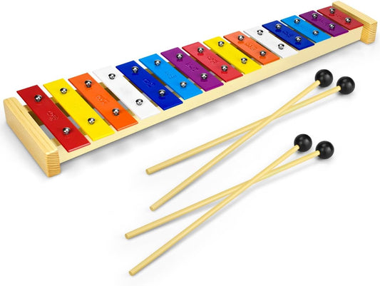 15 Tone Natural Wooden Xylophone Glockenspiel for Kids Toddler with Multi-Colored Metal Bars, Music Instrument for Preschool Educational Learning Toys for Children Boys Girls