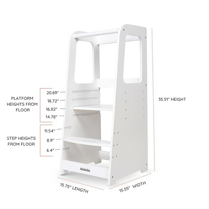 dadada Baby Montessori Toddler Tower - Adjustable Kitchen Step Stool for Kids with Safety Rail - Baby-Safe Finish, Encourages Cooking Skills and Independence - White