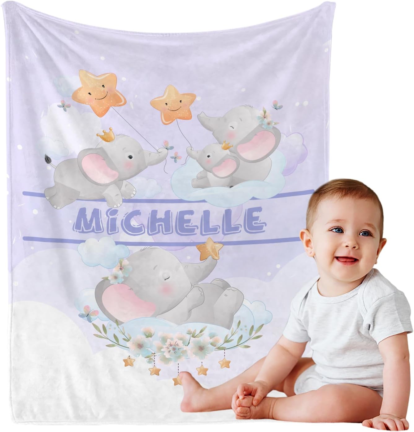 Personalized Baby Blanket with Name, Cute Custom Light Purple Elephant Name Blankets Toddler Girls Soft Flannne Swaddling Blankets Customized Memorial Gift from Nana for Infant Newborn Shower
