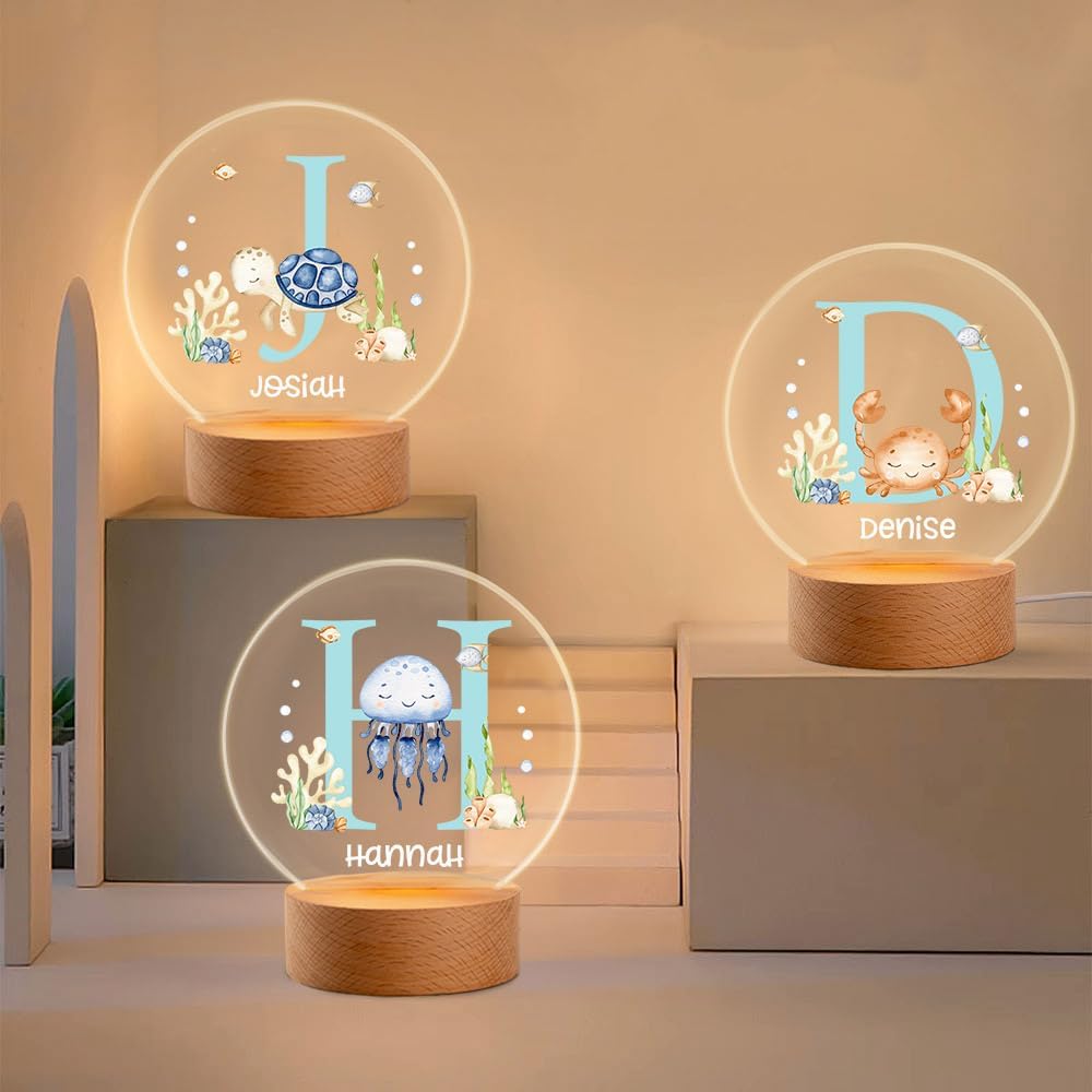 callie Acrylic Night Light Name Plate Personalized, Custom Cute Fox Deer Turtle Forest Animal with Wooden Base Bedroom Decor, Birthday Gifts Kid Gifts for Family (Animaux Marins)