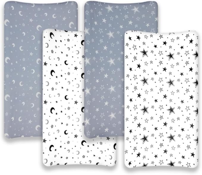 4 Pack Star and Moon Neutral Unisex Fitted Baby Sheets Set for Baby Boys or Girls (Changing pad Cover)