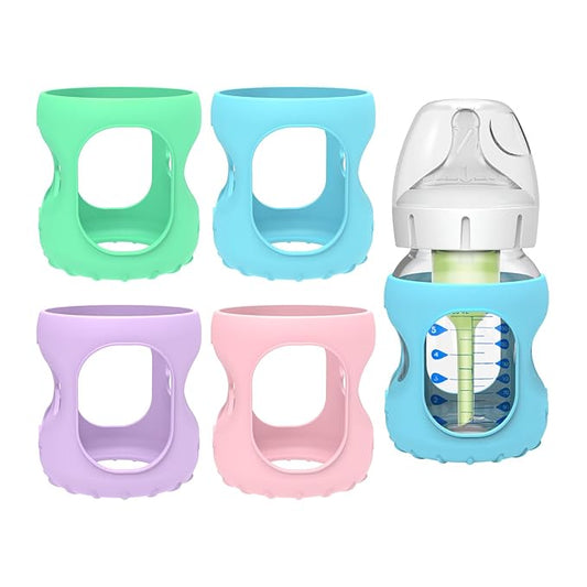 MORLIKE 4 Pack Silicone Sleeves Only Fit 5 oz/150 mL Dr. Brown's Wide Neck Glass Baby Bottle, 100% Silicone Covers Protect Baby Glass Bottle, Easy to Grip Bottle Holders for ‎WB53700-WEB ‎WB51700-P4