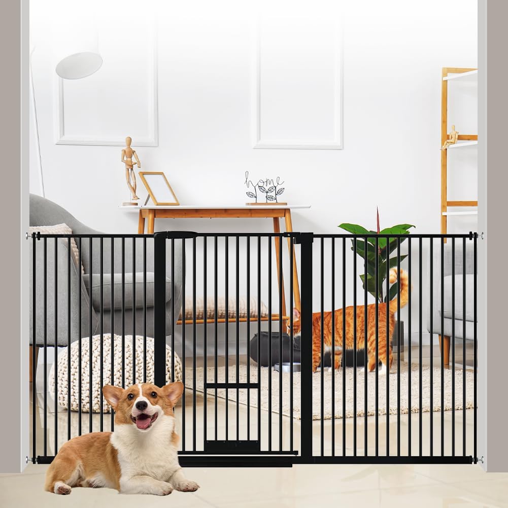 40.55" Tall 1.37" Ultra Narrow Spacing Dogs Pets Baby Gate with Door for Doorway Cat Safety Proof Indoor 73.43"-81.30" Extra Wide Puppy Pressure Mounted No Drill White Black Metal Hallway