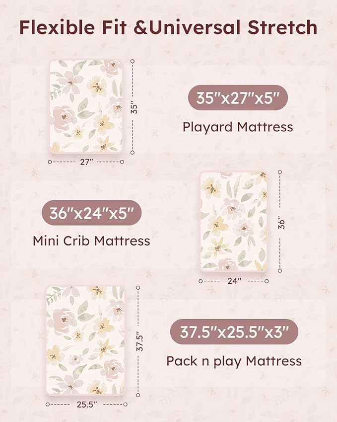 Pack and Play Sheets Fitted 3 Pack, Mini Crib Sheets for Pack N Play Mattress Stretchy Portable Playard Sheets, Soft Breathable Pink Flowers & Leaf