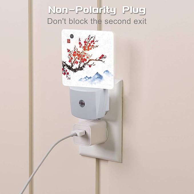 Cherry Blossom and Mountain Night Light, Watercolor Ink Painting Dusk to Dawn Night Light Plug in,0.5w Energy Saving Sleep Friendly NightLight for Kids Boys Girls Home Decor