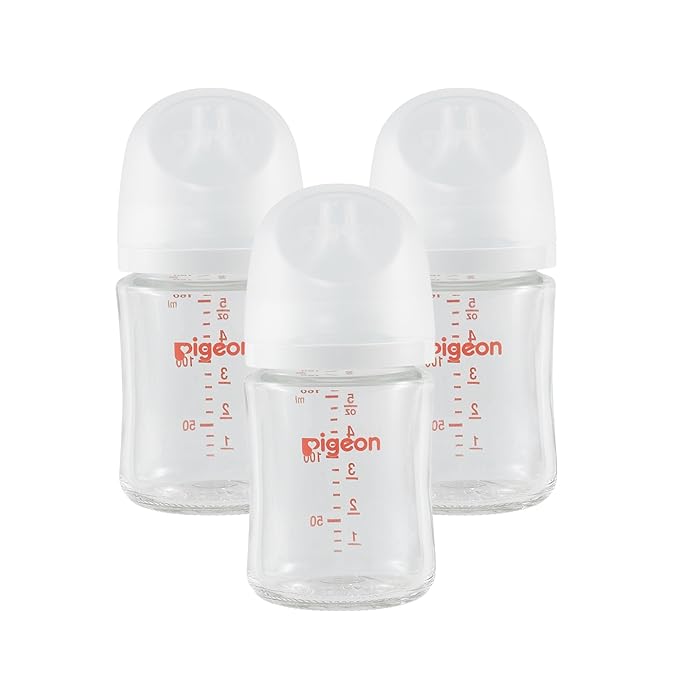 Pigeon Glass Nursing Bottle Wide Neck, Nurture & Nest, Anti-Colic, Streamlined Body, Natural Feel, Easy to Clean, Heat-Resistant, 5.4 Oz (Pack of 3), Includes 3pcs Stage 1 Nipples (0m+)