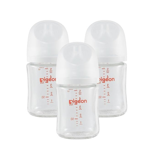 Pigeon Glass Nursing Bottle Wide Neck, Nurture & Nest, Anti-Colic, Streamlined Body, Natural Feel, Easy to Clean, Heat-Resistant, 5.4 Oz (Pack of 3), Includes 3pcs Stage 1 Nipples (0m+)
