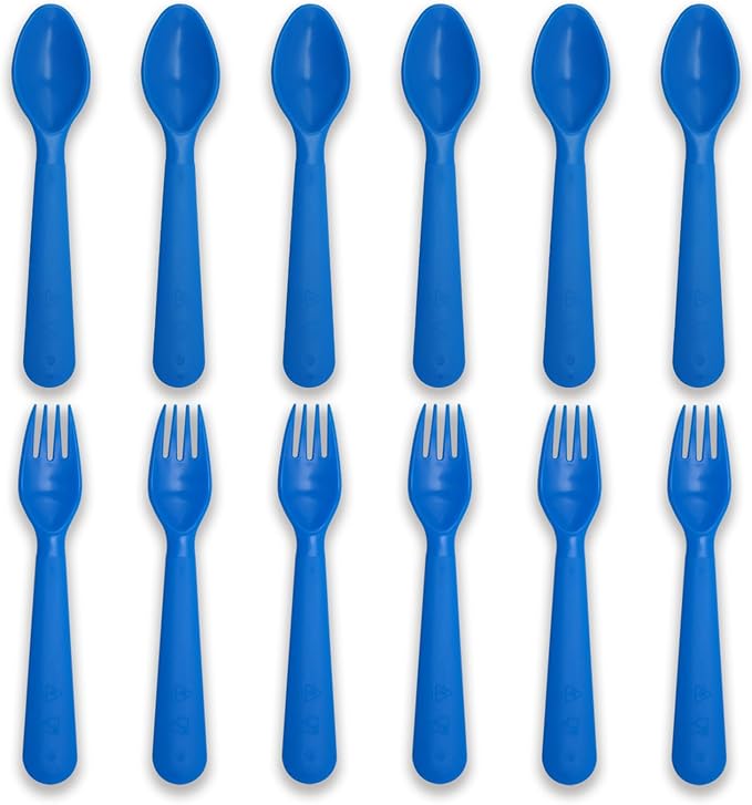 12 Pcs Kids Spoons and Forks Toddler Utensils Plastics Reusable Silverware Baby Cutlery Set Feeding Dinnerware Utensils BPA Free Microwave Dishwasher and Freezer Safe- Blue