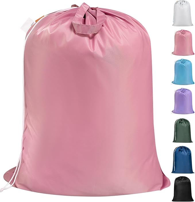 Polecasa Heavy Duty Large Laundry Bag with 130gsm Tear Resistant Fabric and Handles, Easy to Carry Durable Dirty Clothes Drawstring Bag, Perfect for College Dorm, Travel - 28”x36”, Pink