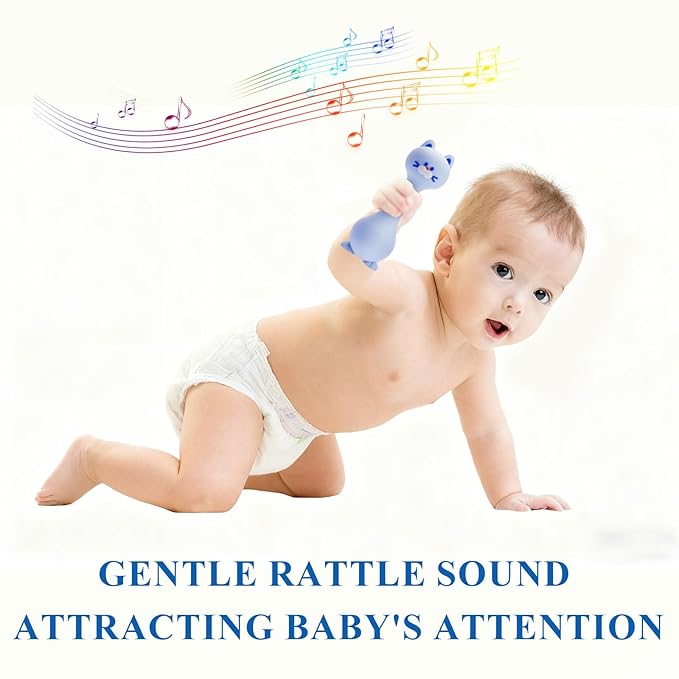 Baby Rattle Teething Toys Cat Silicone Teether Rattles for Baby 0-36 Months Food Grade Silicone (Blue)