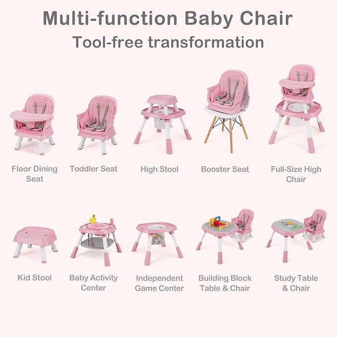 INFANS 9 in 1 High Chair, Convertible Baby Highchair for Babies and Toddlers, Table and Chair Set Building Block Infant Dining Booster Seat, Kids Stool with Activity Children Play Kitchen (Pink)