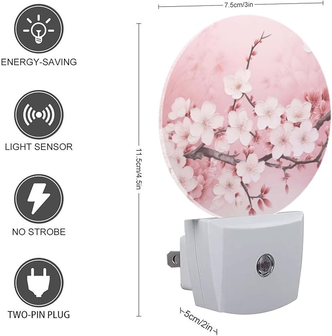Round LED Night Lights Lamp with Dusk to Dawn Sensor, Delicate Pink Background with Cherry Blossoms Night Light Plug Into Wall for Kids Room, Bedroom, Bathroom, Kitchen, Hallway