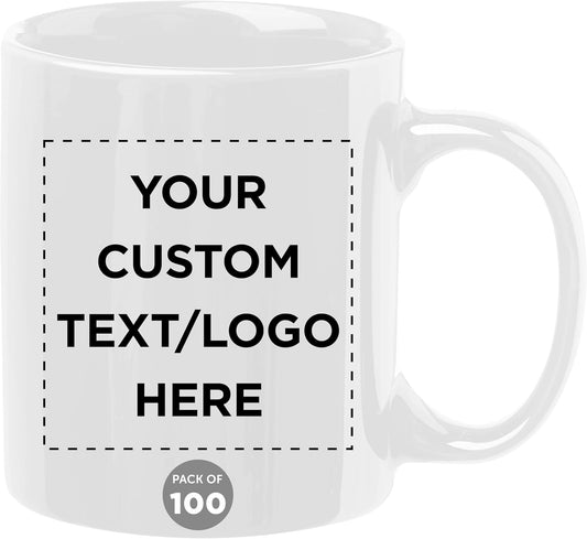 Custom Ceramic Coffee Mugs 11 oz. Set of 100, Personalized Bulk Pack - Coffee cup set, Iced coffee cup, Gaming mug - White