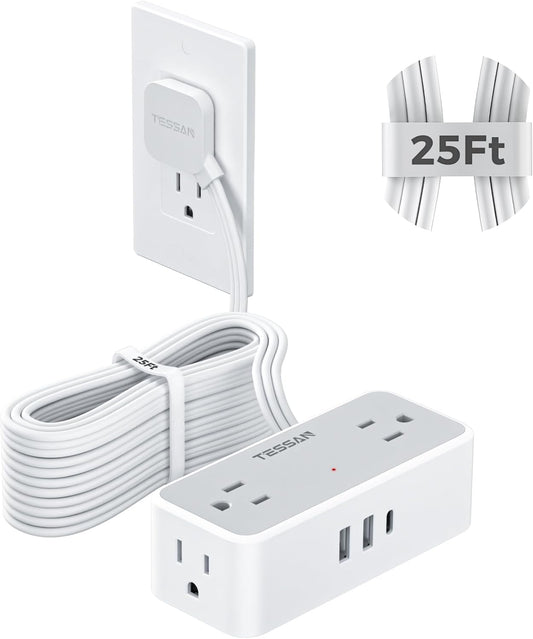Flat Plug Extension Cord 25 ft, TESSAN Surge Protector Power Strip with 4 AC Outlets 1 USB C and 2 USB A Ports, 900 Joules Protection, Multiple Wall Outlet Extender for Home Office Dorm Essentials
