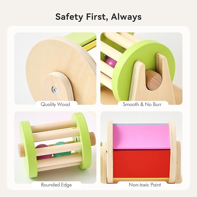 2-in-1 Montessori Baby Toys | Wooden Spinning Drum & Rolling Rattle Combo for 3 6 12 Months | Sensory Development Toys with Mirror, Bells & Tummy Time Play | ASTM Certified Gift (Girl/Boy)
