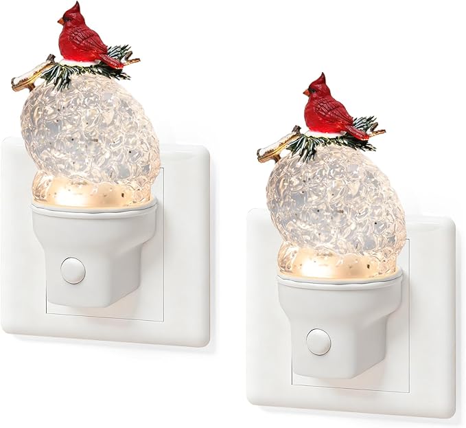 2 Pack Christmas Night Light Plug into Wall Glitter Water Nightlight with USB/Outlet Options, Christmas Cardinal and Pinecone Decorative Nightlight for Holiday Decorations (Cardinal and Pinecone)