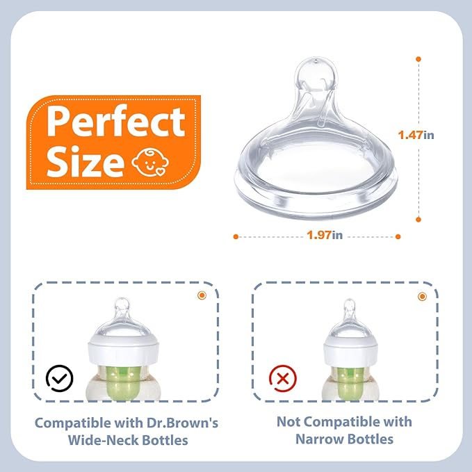 6 Pack Replacement Nipples Compatible with Dr Brown Wide Bottle, Silicone Nipples for Bottle, BPA-Free, Durable and Soft Nipple (S, Slow Flow)