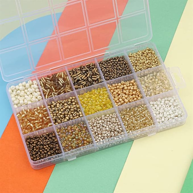 15 Color 4mm Small Assorted Glass Seed Beads,3mm Bugle Beads Friendship Bracelet Kit,2mm Tiny Tube Bead for Jewelry Making(Gold)