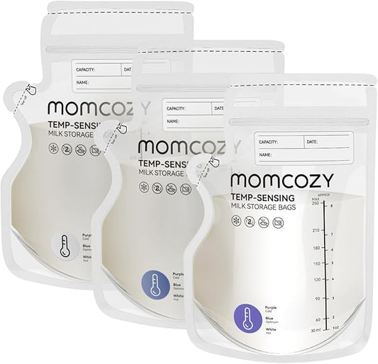 Momcozy Easy Pour Breastmilk Storage Bag, 8Oz, Temp-Sensing Color Change, 60 Count Milk Bag with Self Standing for Breastfeeding, No Leak Presterilized for Freezer, Recyclable & BPA Free