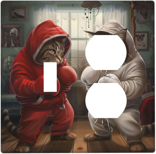 Decorative Outlet Covers Funny Red Boxing Cats White Tomcat 2 Gang Wall Plate Cover Single Toggle Duplex Combo Two Switch Light Switch Cover Plate Jumbo Dual GFCI Faceplate