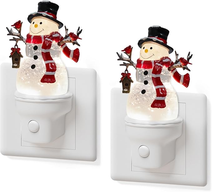 2 Pack Christmas Snowman Night Light Plug into Wall Glitter Water Nightlight with USB/Outlet Options, Christmas Decorative Nightlight for Bedroom Kitchen Holiday Decorations Gifts (Snowman)
