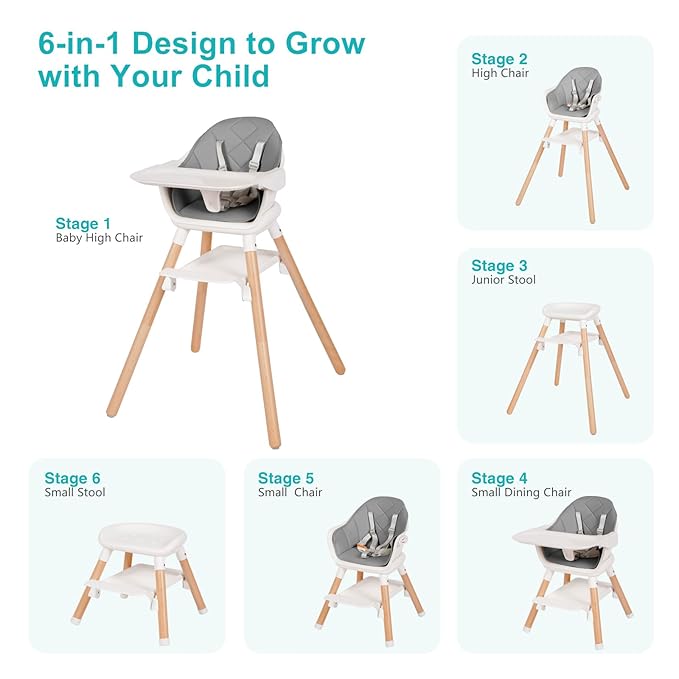 High Chair, 6 in 1 Wooden Convertible High Chairs for Babies and Toddlers, Booster Seat with Double Tray & Reversible Footrest Baby Highchair, 5-Point Harness Baby Feeding Chair, Grey