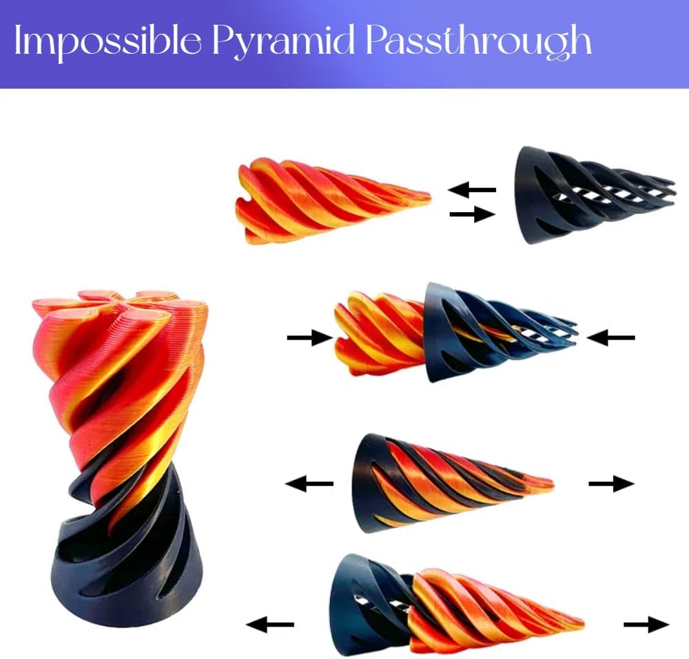 Impossible Pyramid Passthrough Sculpture, Pass Through Pyramid, 3D Printed Spiral Cone, Mini Vortex Thread Illusion (Gold)