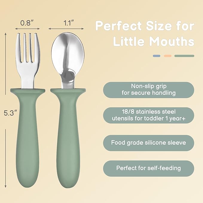 Toddler Utensils, 6 Pack kids Silverware Set with Silicone Handle, 18/8 Stainless Steel Children Safe Forks and Spoons, Dishwasher Safe