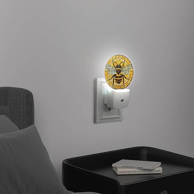 Round LED Night Lights Lamp with Dusk to Dawn Sensor, 3D Circular Stained Glass with Bumblebee Night Light Plug Into Wall for Kids Room, Bedroom, Bathroom, Kitchen, Hallway
