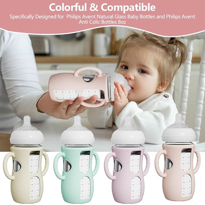 4 Pack Silicone Sleeves for Avent Natural Glass Bottles, Anti Breakage Baby Bottle Protector with Easy-Grip Handle, Compatible Philips Avent Glass Natural Bottle 8 oz, Not for Infant Use