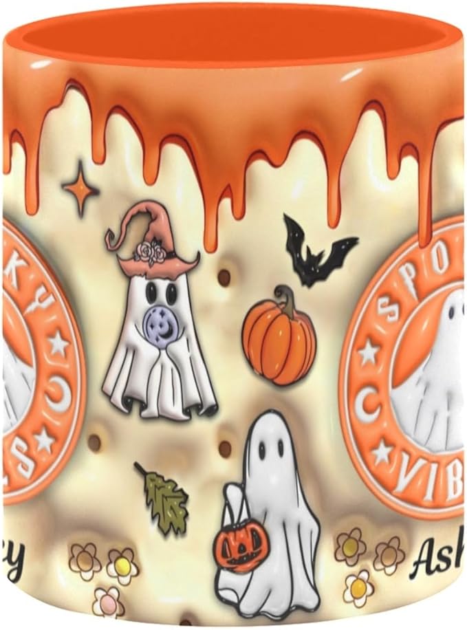 Personalized Halloween Mugs with Names, Halloween Pumpkin Coffee Mug, Custom Ghost Accent Mug Spooky Halloween Gifts For Women Men Friends Family Spooky Season Gift Fall Mug 11 Oz