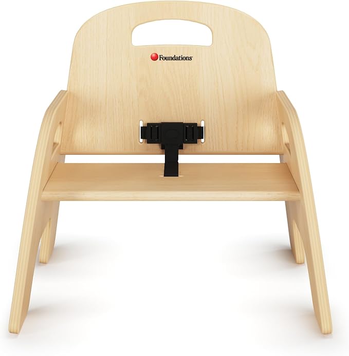 Foundations Simple Sitter 7” Low Wood Feeding Chairs, Wide No-Tip Base, Adjustable Safety Harness, Stackable Wood Toddler Chairs with Food Service Grade Finish, 2 Pack