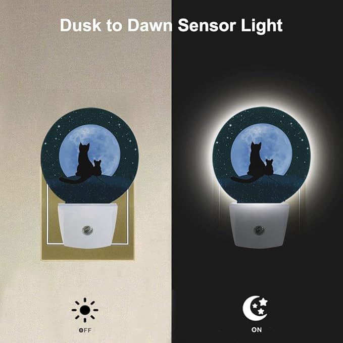 EKOBLA Black Cat Night Lights Plug into Wall Cute Cat and Mouse Sit on The Moon Galaxy Stars LED Dusk to Dawn Plug-in Nightlights Auto Sensor for Home Indoor Boys Girls Bedroom Bathroom