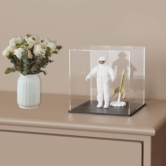 Acrylic Display Case, 8x8x9.6 Inch Rectangle Acrylic Boxes for Display, Clear Display Cases with Matte Black Base and Lid for Collectibles and Figures