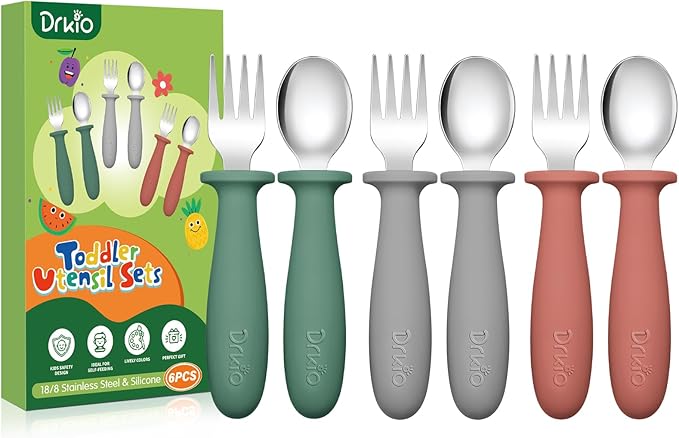 DRKIO 6 Pieces Toddler Utensils Set - Kids Silverware Set with Silicone Handle Children Safe 18/8 Stainless Steel Forks and Spoons Anti-Choke Design Food Grade Dishwasher Safe