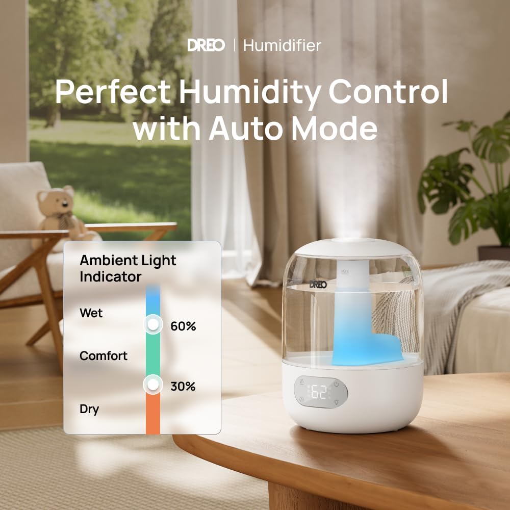 Dreo Humidifiers for Bedroom, 3L Top Fill 30H & 26dB Quiet Runtime for Large Room, Cool Mist Ultrasonic Humidifier with Humidity Sensor, Night Light for Home, Baby, Nursery, Plants, 360° Nozzle, White