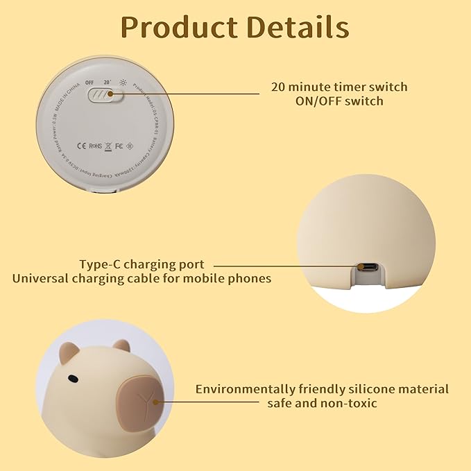Ammonite Capybara Night Light, Cute Silicone Capybara Lamp for Kids, Soft Silicone Nursery Nightlight USB LED Touch Lamp Bedroom Decor as Xmas Birthday Gifts for Boys Girls