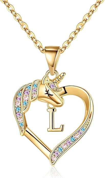 Hidepoo Unicorn Necklace Gifts for Girls - 14K-Gold-Plated Colorful CZ Heart Necklace Girls Jewelry Initial Unicorn Necklaces for Girl Birthday Gifts