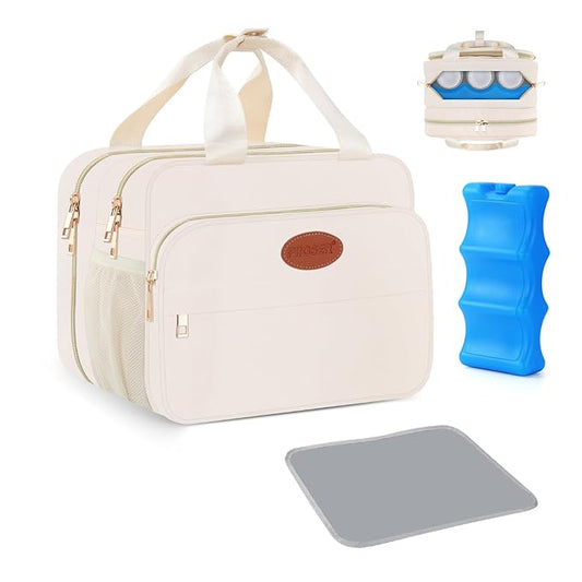 PIIOSER Insulated Baby Bottle Bag with Ice Pack, Breastmilk Cooler Compatible with Wearable Breast Pumps & Accessories - Baby Cooler Travel Bag for Nursing & Working Moms, Cream