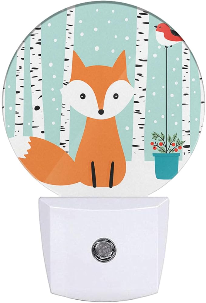 EKOBLA Winter Night Light Cute Fox and Bird Snow Birch Trees Wonderland Night Lights Plug into Wall Auto on Off LED Lamp for Girls Boys Room, 0.5W Nightlight Sleep Friendly