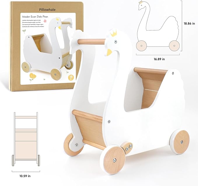 Wooden Doll Stroller, Baby Pram Toy, Wooden Swan Baby Walker for Toddler Boys & Girls 18 Months and Up