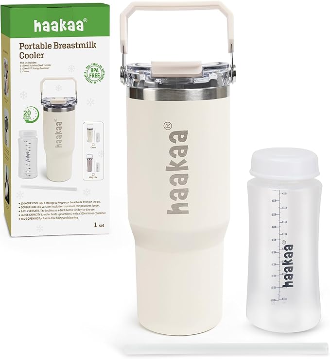 haakaa Portable Breastmilk Cooler 30oz/900ml, Up to 20 Hours of On-The-go Cooling, Larger Capacity Breast Milk Chiller with a 300ml Inner Breastmilk Storage Bottle & Leakproof Lid with Straw & Sip