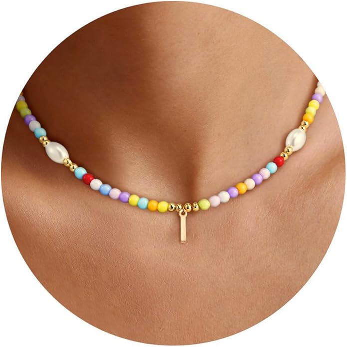 Colorful Initial Necklace for Girls Kids Women, Handmade 14K Gold Plated Colorful Initial A-Z Letter Necklace Teen Girls Gifts Trendy Stuff Birthday Gifts for 5 6 7 8 9 10 11 Year Old Girl Gift